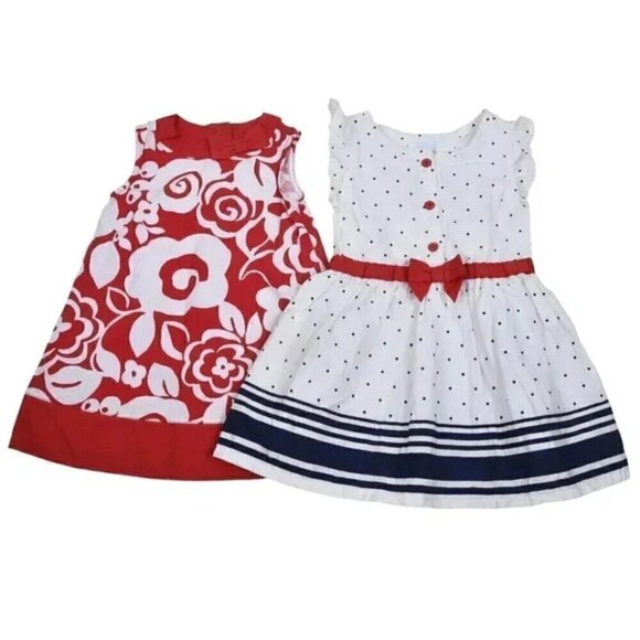 Gymboree Dress Bundle Red White Blue Cotton Floral Polka Dot Size 12-18M - Picture 1 of 10